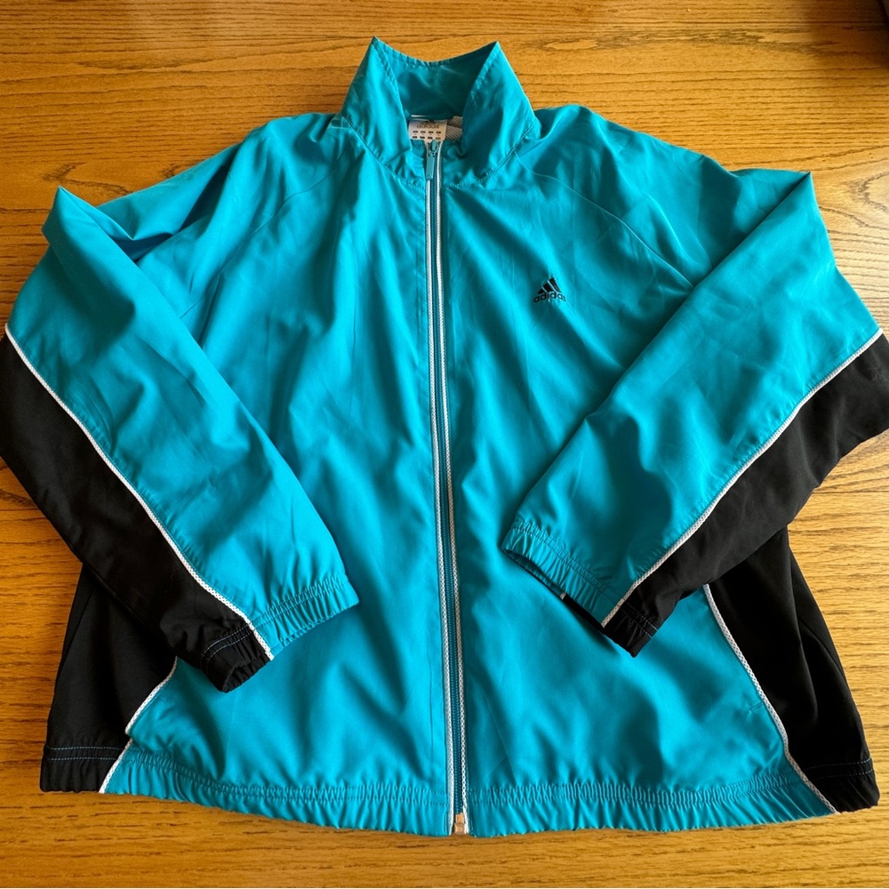 Adidas Women’s Size XL Full Zip Retro Jacket Blue Black Workout Windbreaker‎